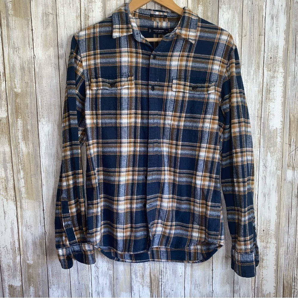 Lucky Brand Blue Yellow Plaid Flannel Button Down Shirt 100% Cotton Small